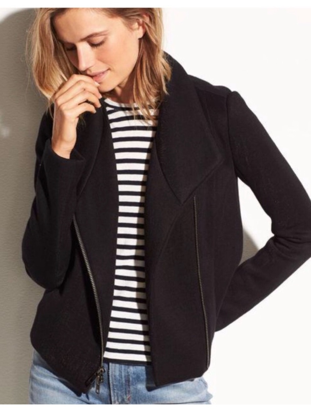 Vince Black Tech Knit Asymmetrical Zip Up Moto Jacket   Size Small